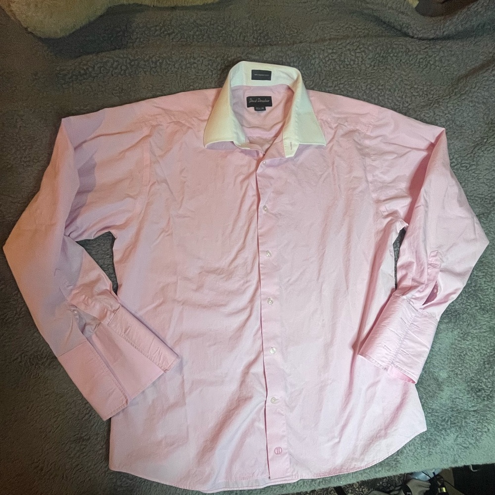 David Donahue Men's Button-Up Shirt - Pink with White Collar - Size 16 1/2 x 34